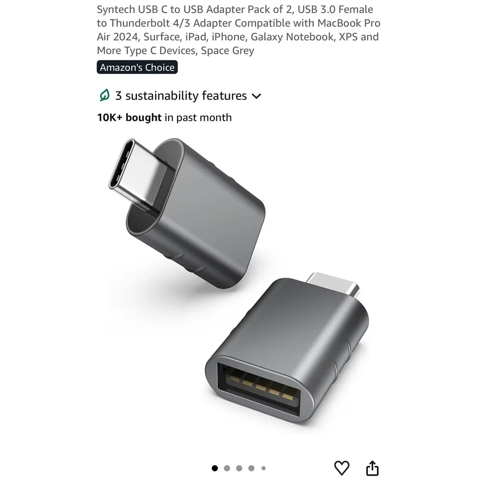 Syntech USB C to USB Adapter 2 Pack Space Grey USB 3.0 Female to Type C Mark3